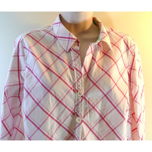 Izod Blouse top pink plaid button up cotton contrast sleeves size Med/Large - Picture 2 of 8